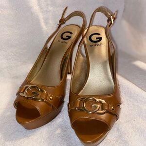Guess Tan Peep-Toe Slingback Heels